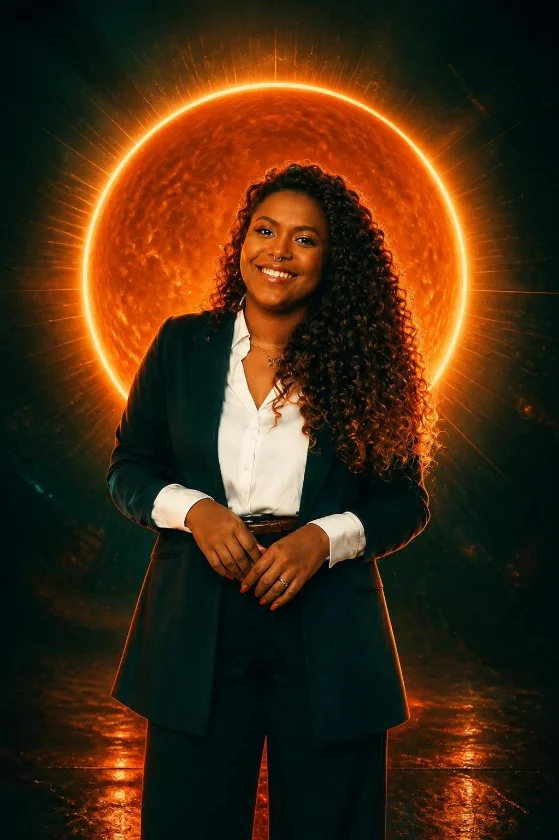 Retrato da criadora da Sol diante de um halo solar