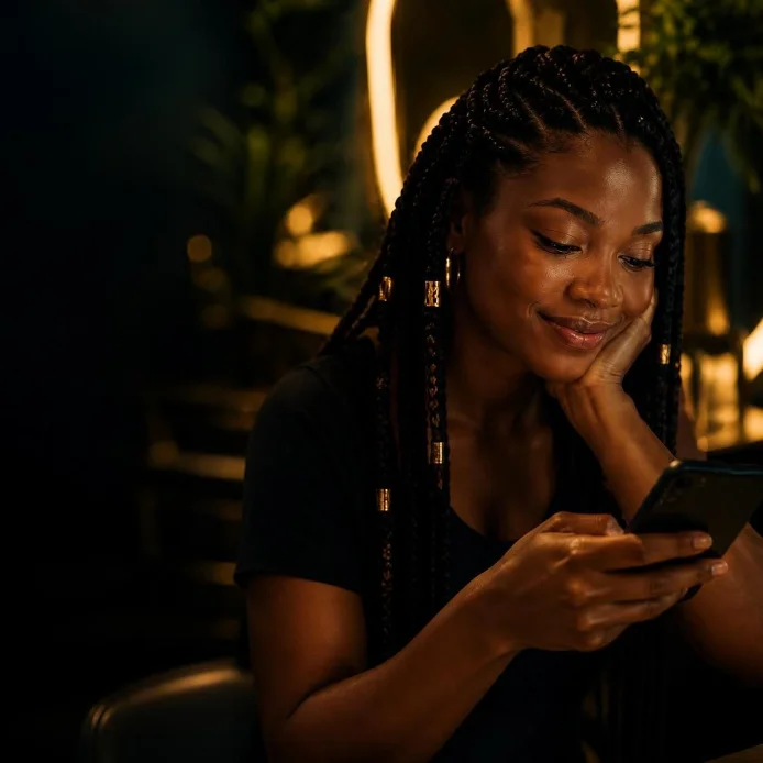 Mulher com tranças sorrindo enquanto conversa pelo celular